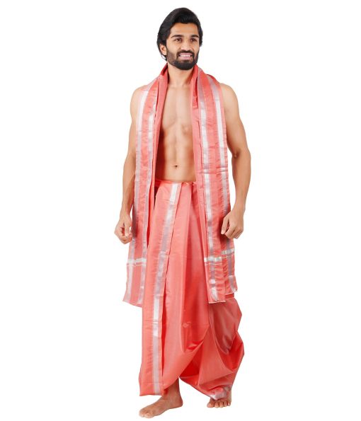 Ramraj Cotton Men Solid Art Silk Ethnic Panchakacham Dhoti with Angavastram Set - Pink Ramraj Cotton Men Solid Art Silk Ethnic Panchakacham Dhoti with Angavastram Set - Pink