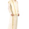Cotton Men'S Gold Jari Border Cream Double Dhoti Veshti (1.28X3.50 Meter) Mens Cotton Full Sleeve Shirt + Double Layer 8 Mulam Veshti Dhoti With Single Towel Set