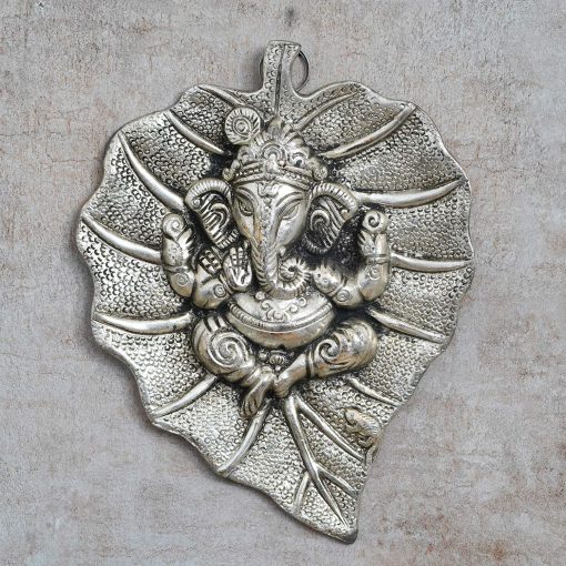 Silver Metal Lord Ganesha In On A Leaf Wall Hanging