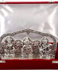 Laxmi Ganesh Saraswati Idol (Murti) in Velvet Silver Plated
