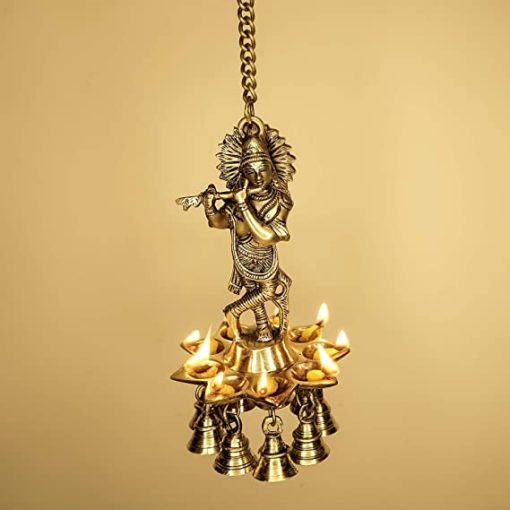 Brass Hanging Lord Krishna Playing Flute Oil Lamp Diya With Bells - 9 Slots