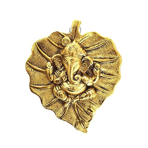 Metal Lord Ganesha On A Leaf Wall Hanging - Gold