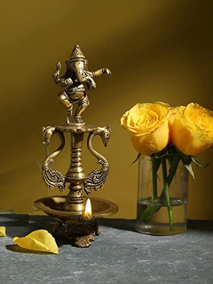 Brass Dancing Ganesha Oil Diya Lamp With Base (Antique Yellow)