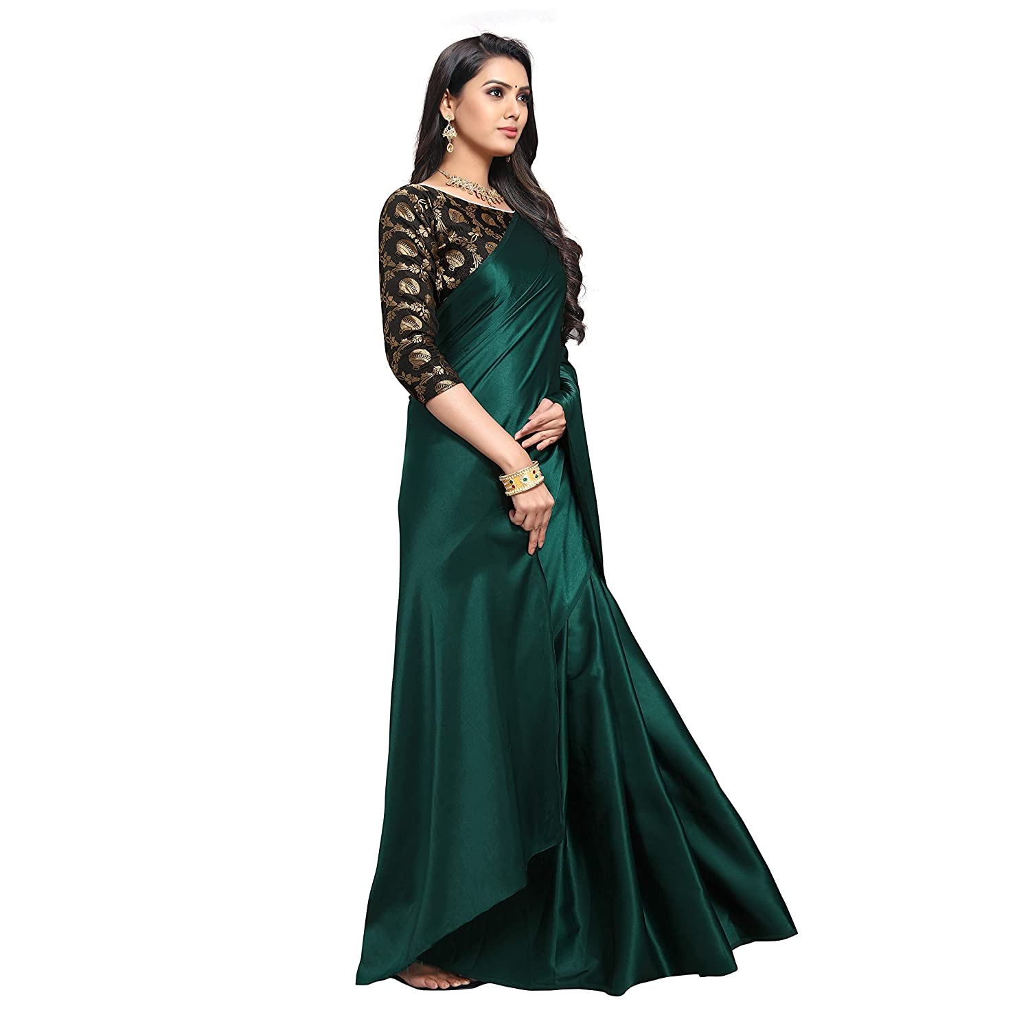 Dark green plain clearance saree with designer blouse