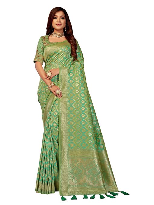 Women'S Banarasi Silk Blend Jacquard Saree With Blouse Piece - Cyan Green Women'S Banarasi Silk Blend Jacquard Saree With Blouse Piece - Cyan Green