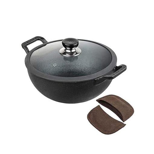 Pre-Seasoned 2.4L Cast Iron Kadai / Kadhai with Glass Lid