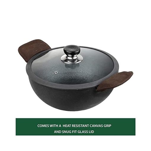 Pre-Seasoned 2.4L Cast Iron Kadai / Kadhai with Glass Lid