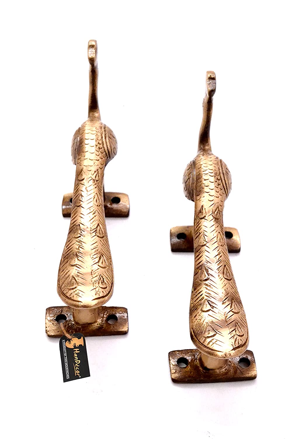 Peacock Design Brass Door Handle Pair (6 Inches, Antique Yellow)