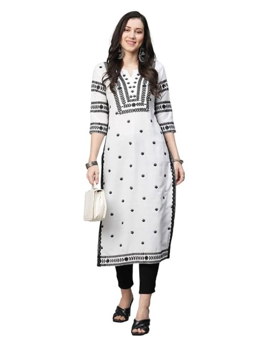 Black and White Cotton Blend Chikankari Embroidered Straight Kurti - Extra Large