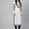 Black and White Cotton Blend Chikankari Embroidered Straight Kurti - Extra Large