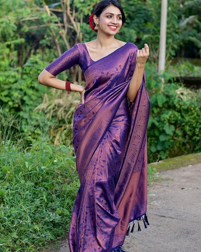 Women's Purple Kanjivaram Woven Soft Silk Saree With Blouse Piece