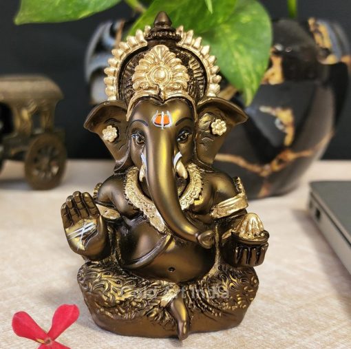 Handcrafted French Brown Mukut Ganesha Idol 3.5 inches for Card Dashboard or Home Decor