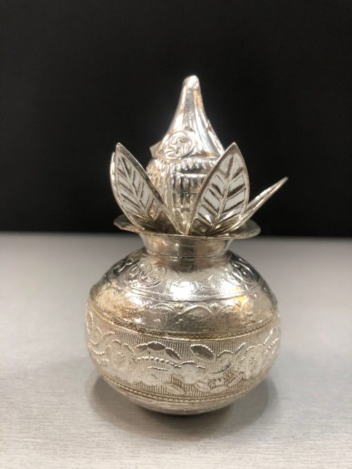 Brass Peacock Table Oil Lamp Diya German Silver Kalasam with Coconut for Pooja/Decor/Return Gift Size:3" Inch Wt:50g