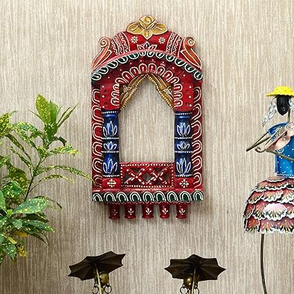 Welcome Wooden Wall Hanging Decoration Items for Home | Gifts | Mdf Art for Living Room | Decorative Item for House | Modern Wood Hanger | Modern Decor Wood Hand Painted Wall Hanging Jharokha Frame (Red, 16 inches< Rectangular, Unframed)